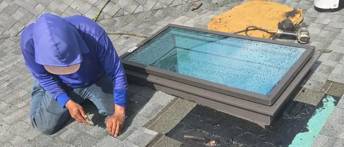 Roofing technician performing an inspection