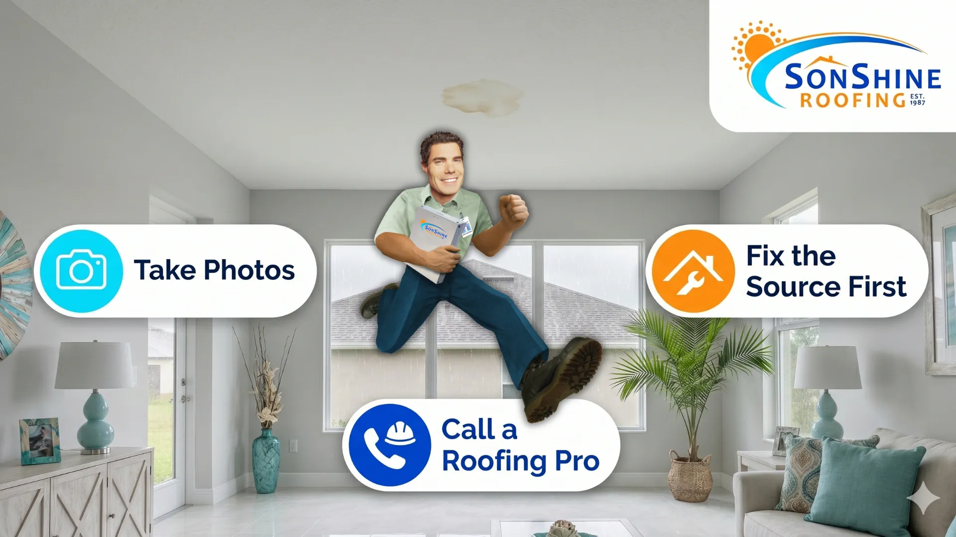 Hero image showing a small wet spot on a ceiling with guidance to take photos, call a roofing professional, and fix the source first.