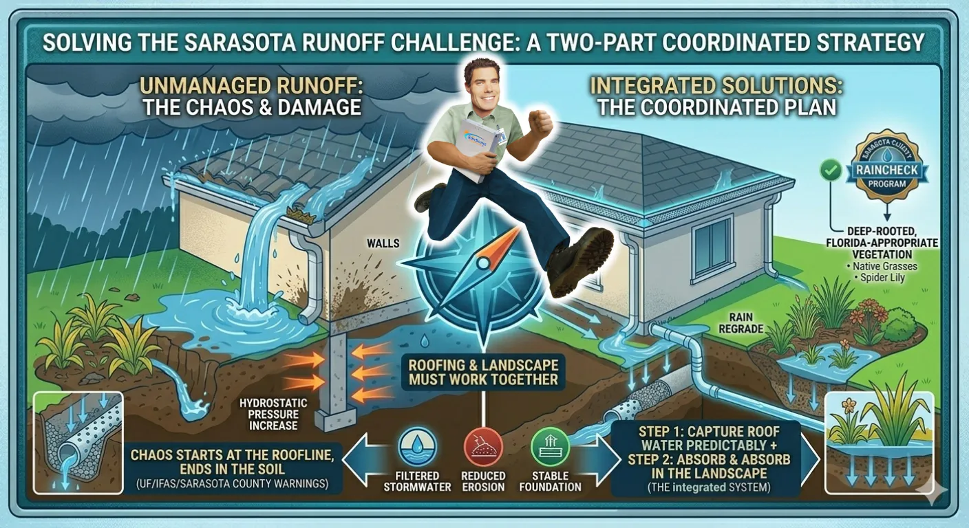 Roof Runoff Damage in Sarasota, FL: How It Erodes Soil, Hurts Foundations, and Kills Landscaping